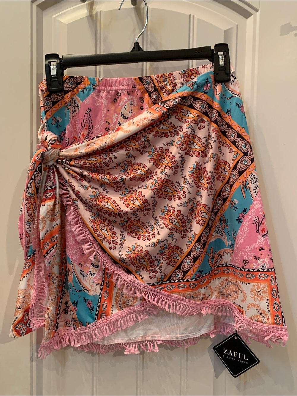 Zaful Boho Pink Turquoise Orange Paisley Wrap Mini Skirt